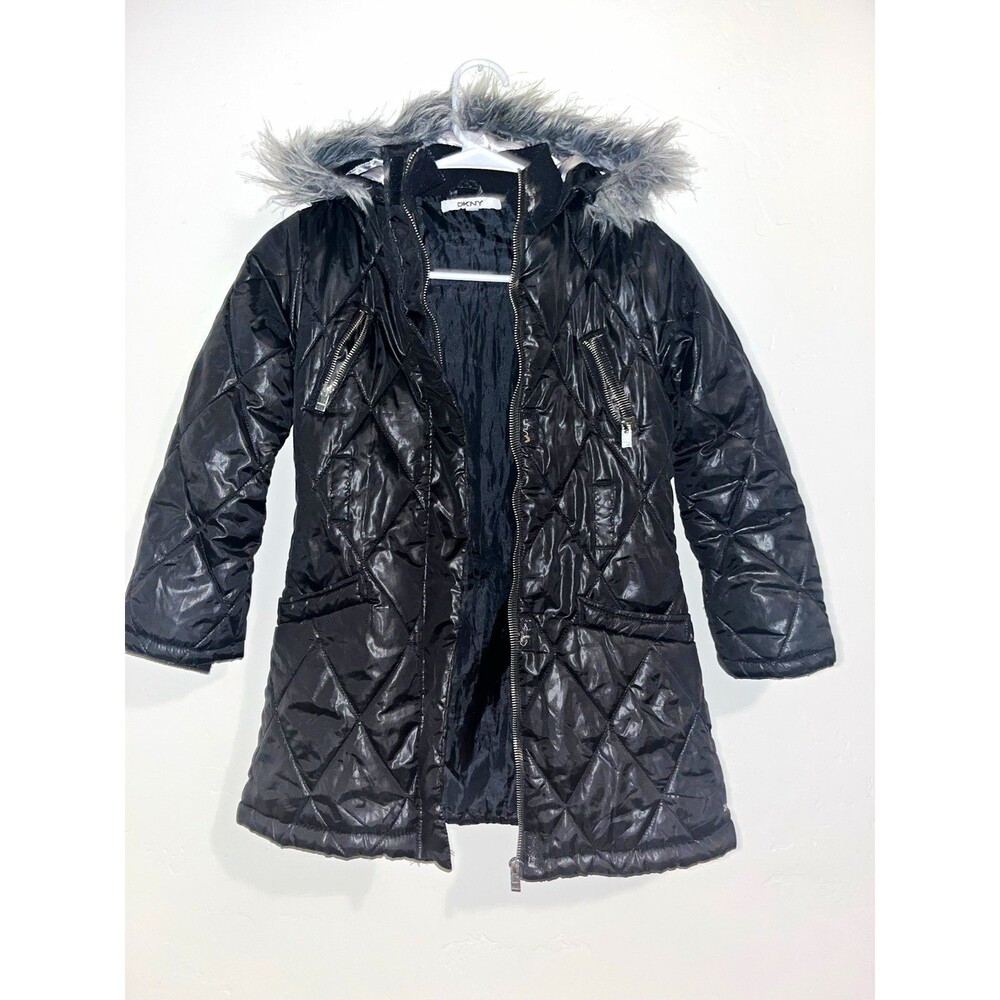 DKNY Girls Black Quilted Puffer Coat Hooded Faux Fur Trim Full Zip Size S